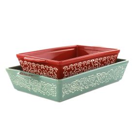 Laurie Gates 2 Piece Tierra Wax Relief Stoneware Baker Set in Red and Mint