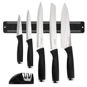 Oster Bridgewall 7 Piece Magnetic Wall Mounted Stainless Steel Cutlery Set in Black with Knife Sharpener