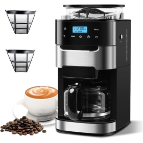 Coffee Grinder with Touch Screen & 1.5L Water Tank, 10-Cup Drip Coffee Maker, Automatic Grind and Brew, Coffee Bean Grinder