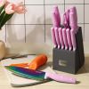 Hecef 14-Piece Kitchen Knife Set with Wooden Block Sharpening Steel, Titanium Coating Rainbow Slicing Chef Knives