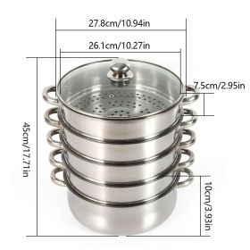 Stainless Steel Steamer Soup Pot Set Kitchen Cookware Food Veg Steam Pan with Glass Lid Gas Stove Furnace Steamer (Color: silver 3)