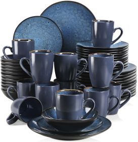 VANCASSO BUBBLE 16/32/48-Piece Tableware Set Vintage Ceramic Blue/Brown Stoneware Set with Dinner&Dessert Plate,Bowl,Coffee Cups (Color: Blue-48-Piece)